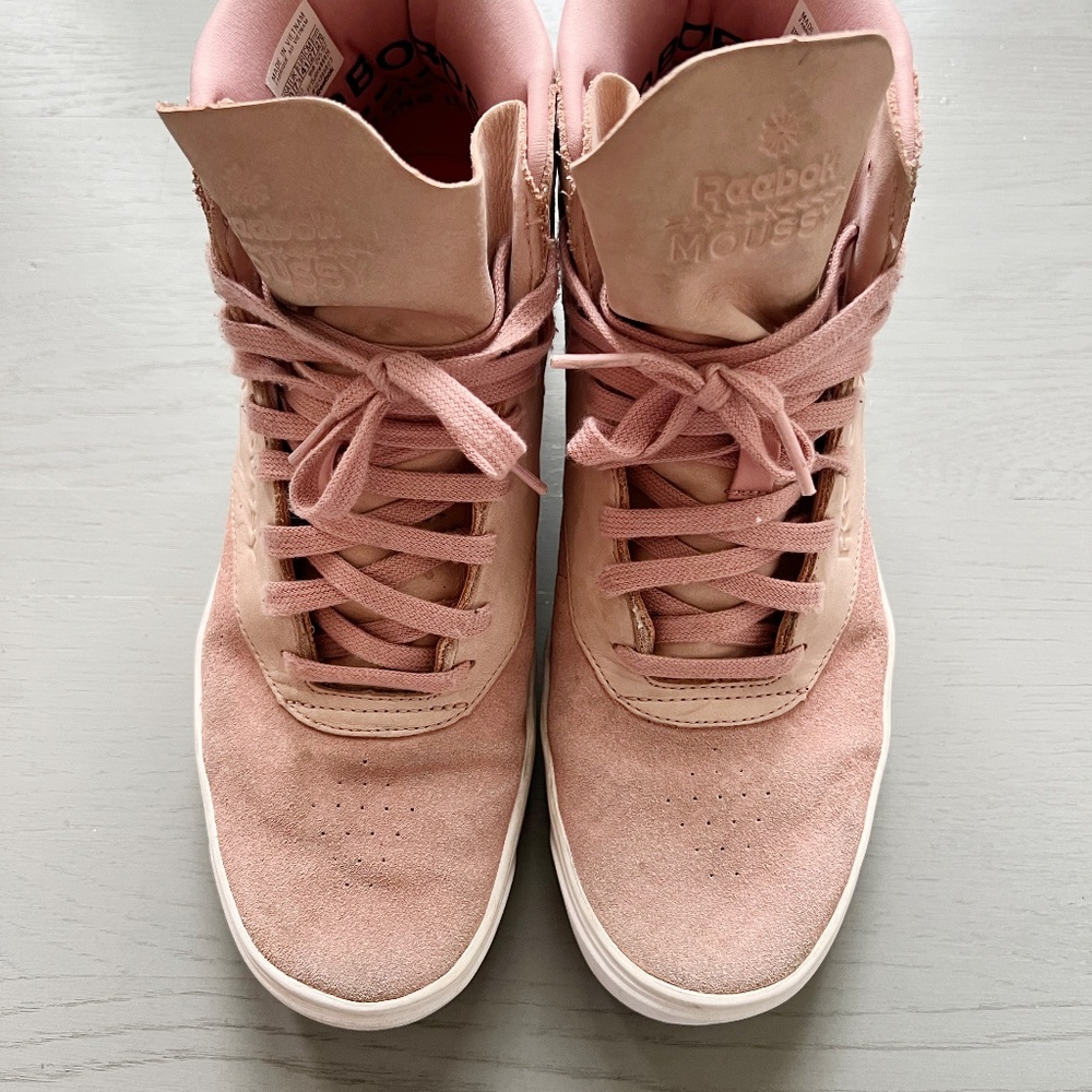 Pink Reebok Moussy Suede Leather High Top Tennis Shoes Women Size 10